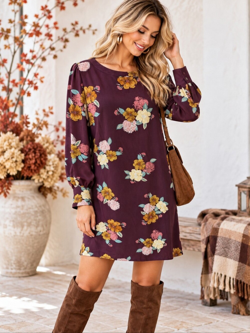 LOFT Burgundy Floral Botanical Shift Dress Long Sleeve Boho Fall Career 14T